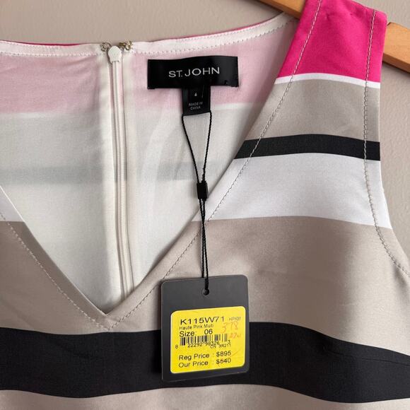 ST. JOHN Silk Striped V Neck Sleeveless Dress Size 6 New $895 - Picture 5 of 6